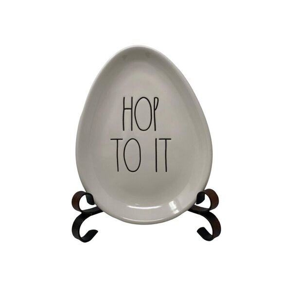 Rae Dunn Easter HOP TO IT Egg Shaped Plate Ceramic Decor Spring Farmhouse LL - Picture 1 of 6